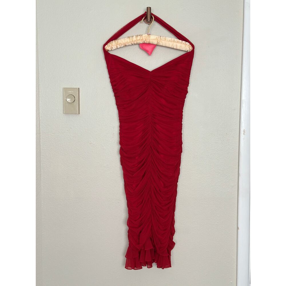 Gorgeous Vintage Tadashi Shoji M Red Ruched Halter Midi Cocktail Bodycon Dress - Picture 7 of 7